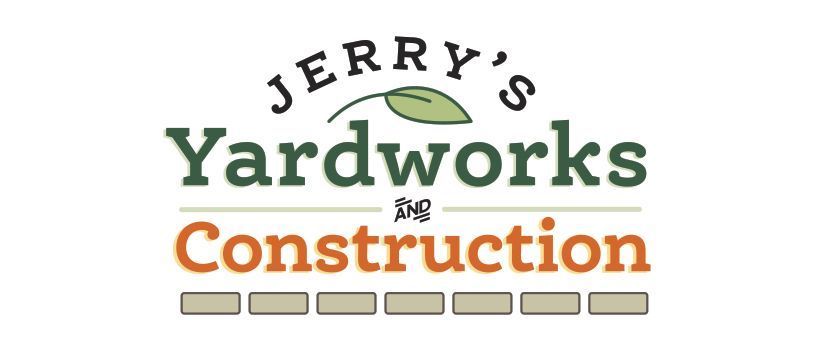Logo for Jerry's Yardworks & Construction, green and orange text, a leaf graphic, on a white background.