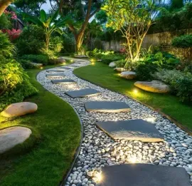 Stone pathway winding through a lush garden, illuminated by soft lighting.