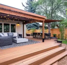 Backyard deck with pergola, outdoor furniture, and steps leading to lawn.