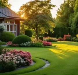Lush garden with vibrant flowers and a manicured lawn, bathed in golden sunlight, near a house.