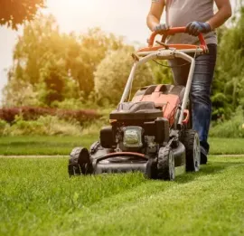 Person mowing lawn with a red and black lawnmower on a sunny day.