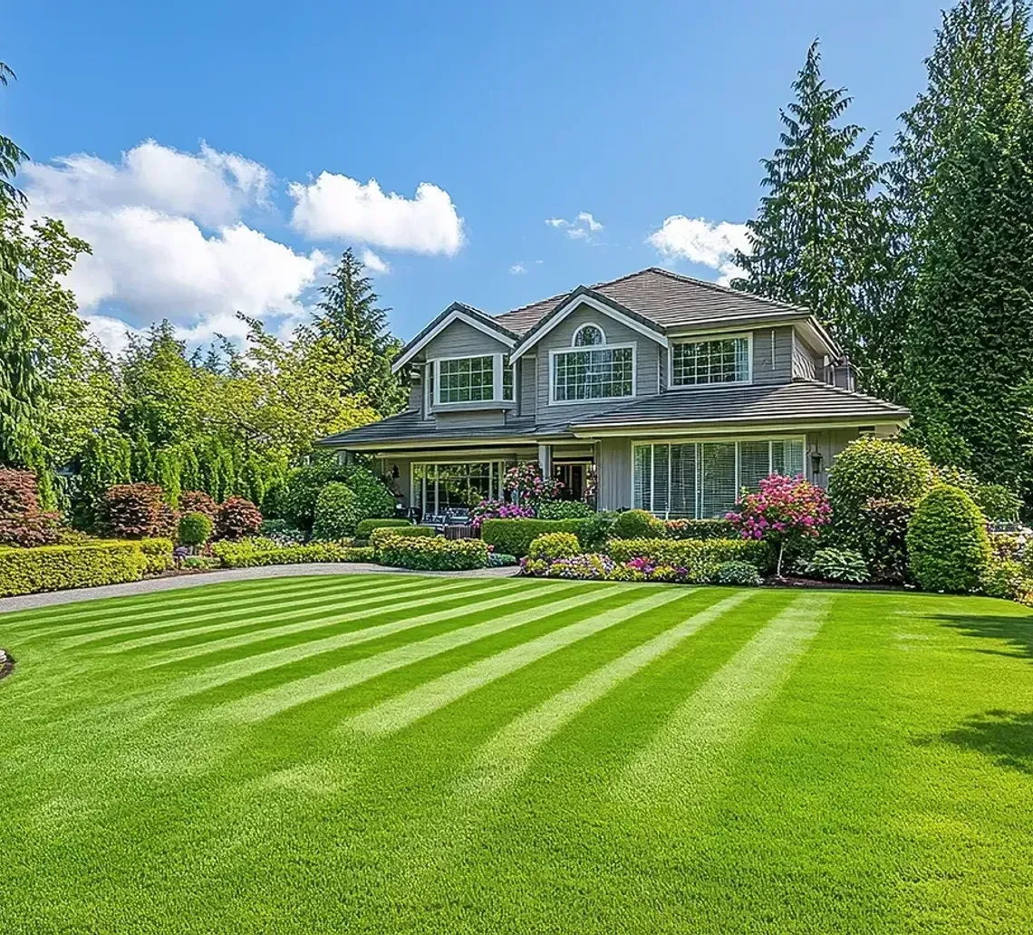 Gray house with striped green lawn, surrounded by trees and colorful flower beds under a blue sky.