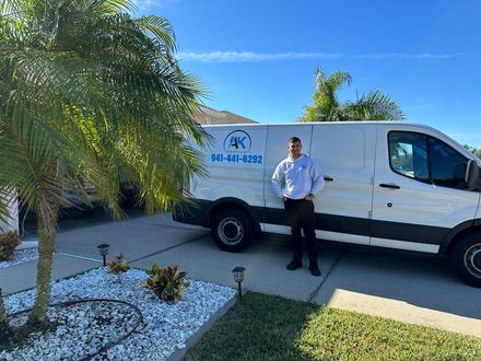 A man is standing in front of a white van.