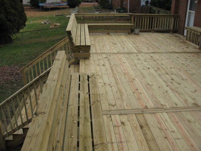 Wooden deck with built-in benches and railings; set outdoors with a grassy backyard.