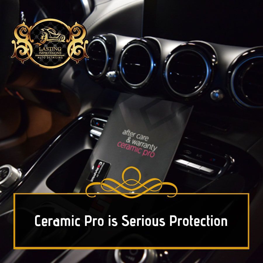 A picture of a car with the words ceramic pro is serious protection