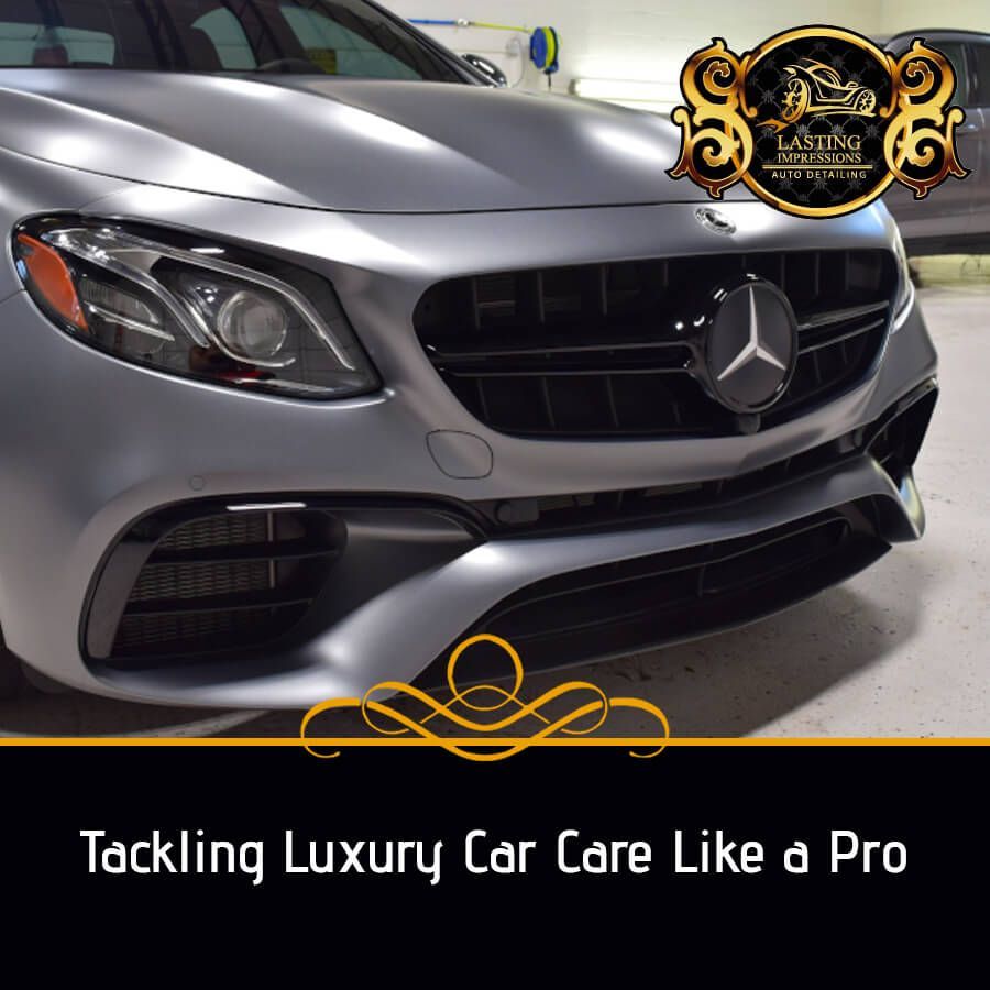 A silver mercedes with the words tackling luxury car care like a pro