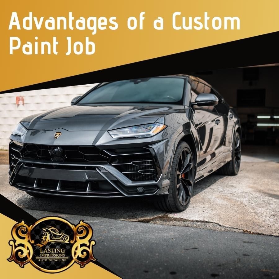 A car is parked in a garage with the words advantages of a custom paint job above it