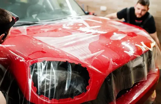 A man is wrapping a red car with plastic wrap.