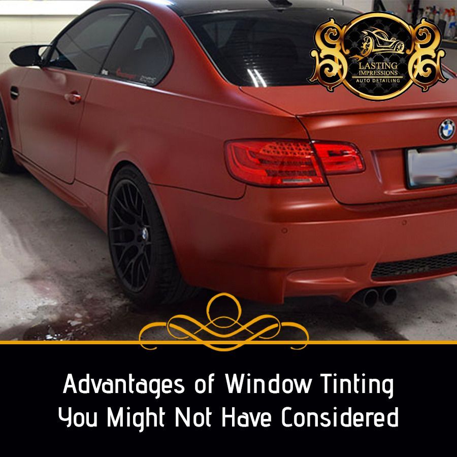 A red car with the words advantages of window tinting you might not have considered