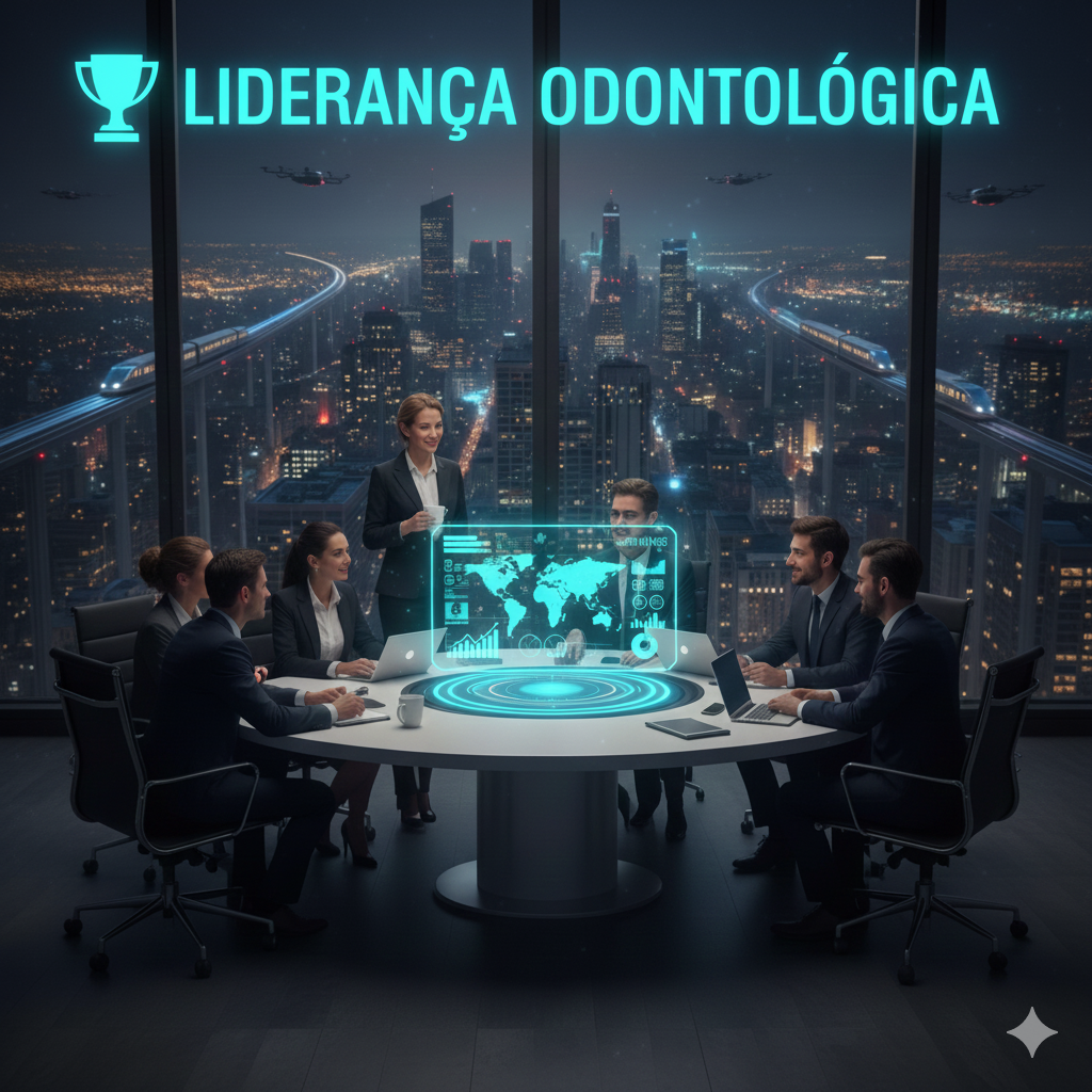 Reunião em um escritório de um prédio alto, com uma empresária apresentando dados para uma equipe. Texto