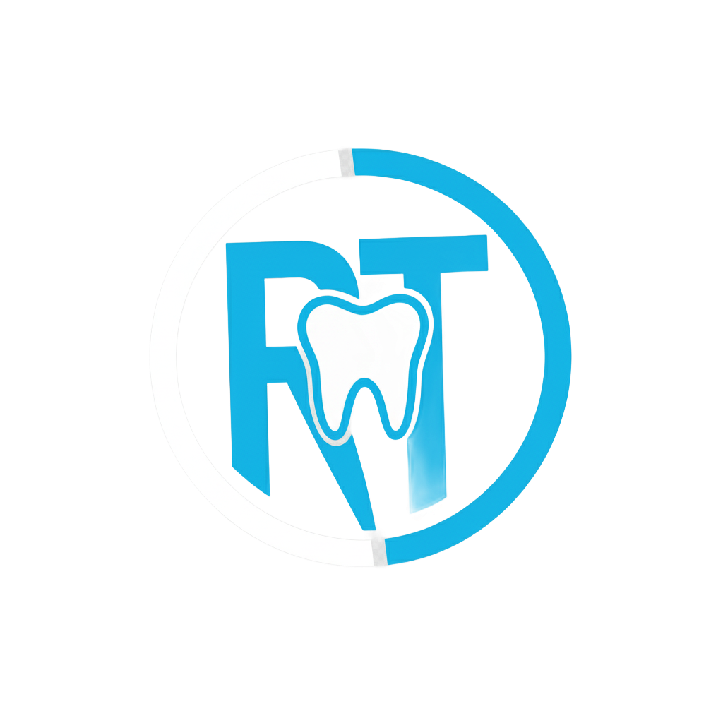 Logotipo azul da RT Dental com um ícone de dente e um círculo azul parcial.