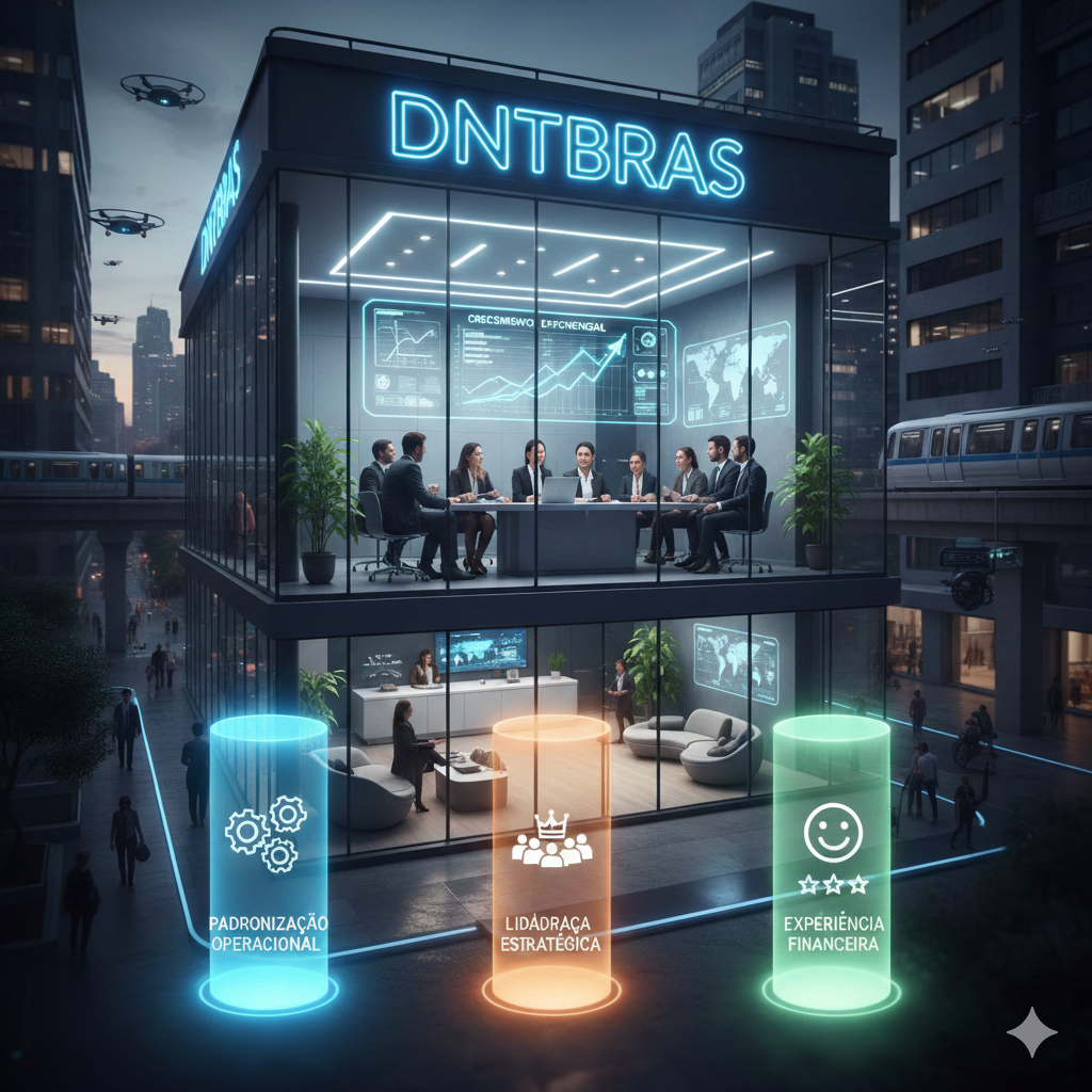 Prédio de escritórios futurista, letreiro