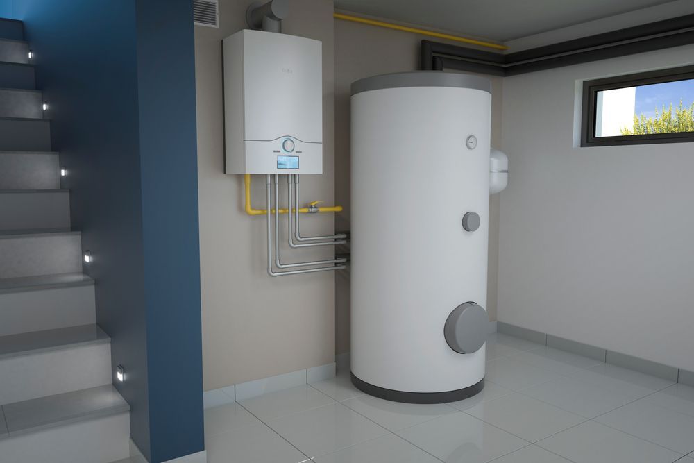 A gas boiler mounted on a wall next to a large white cylindrical hot water tank — Hot Water Specialist Forster In Forster, NSW