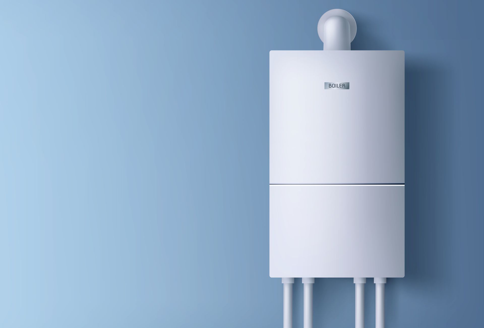 White Wall-mounted Gas Boiler With Three Pipes Against a Blue Wall — Hot Water Specialist Forster In Forster, NSW