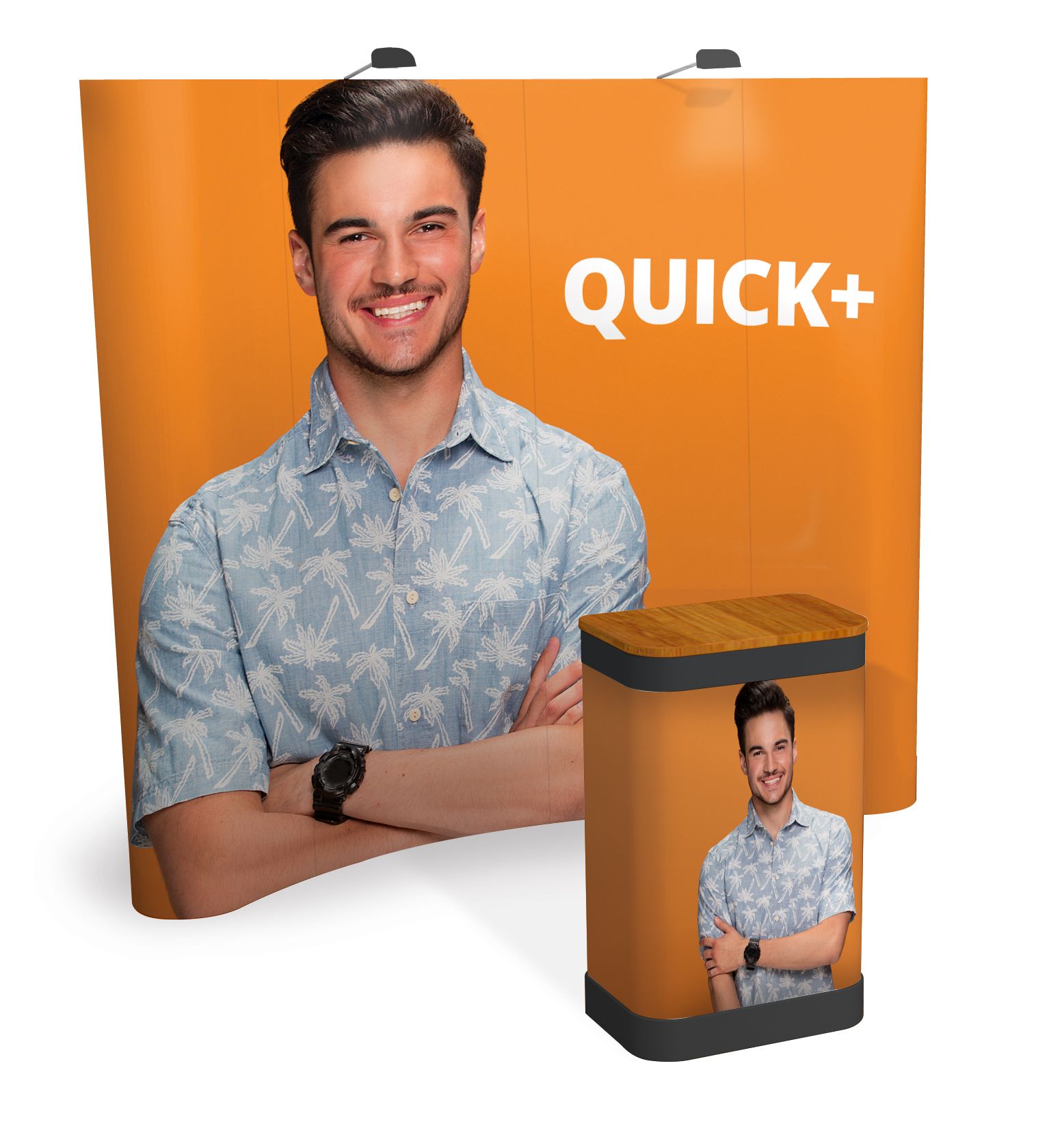 A man is standing in front of a sign that says quick +