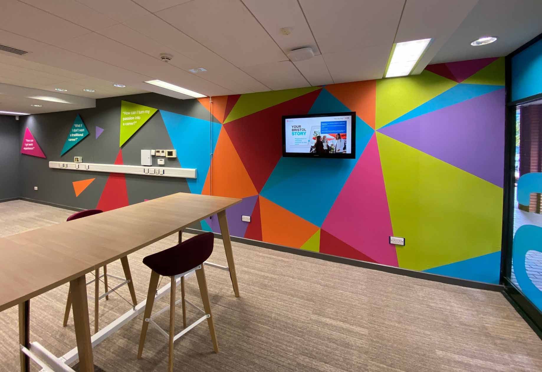 A room with a table and stools and colorful walls.