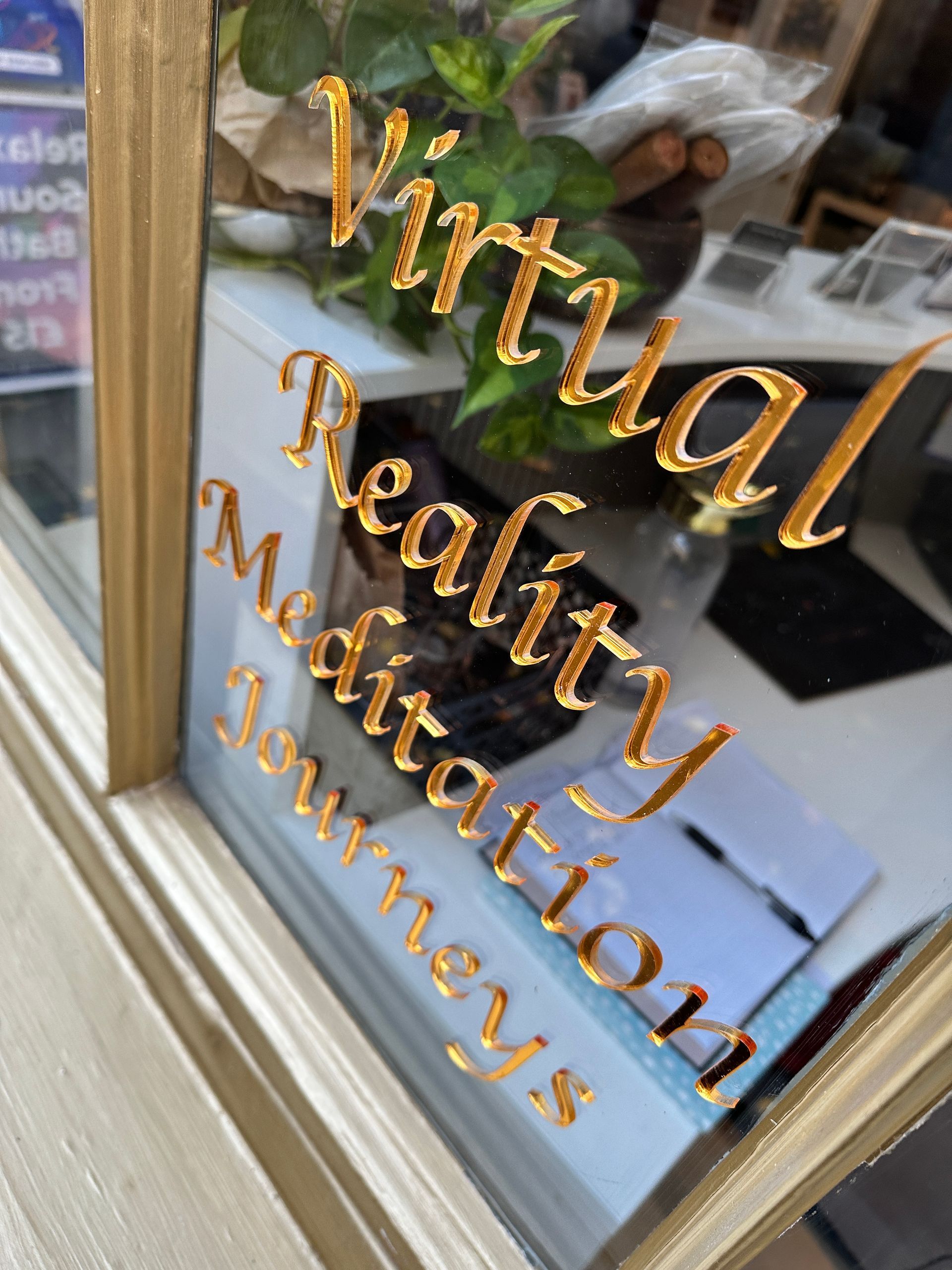 A window with the words virtual reality meditation written on it