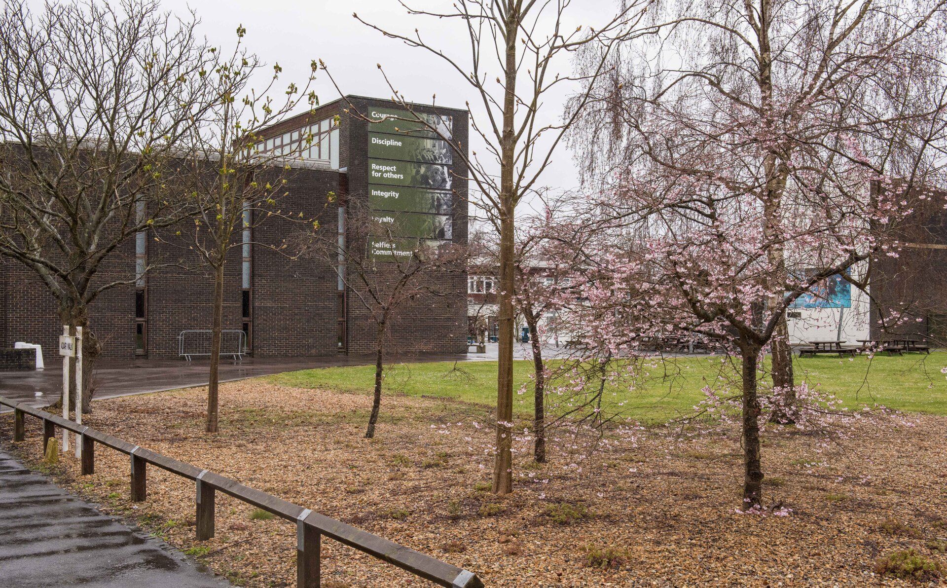 A fence surrounds a park with trees and a building in the background.