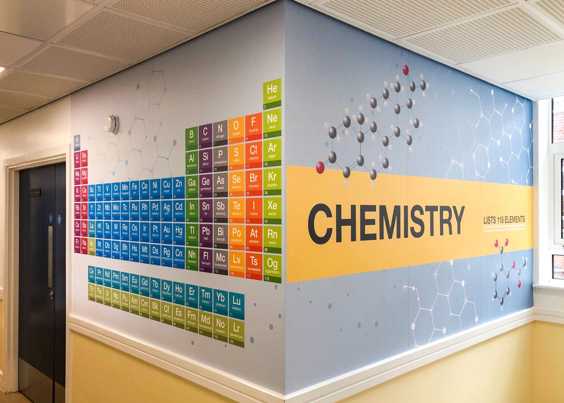 A wall with a periodic table and the word chemistry on it.