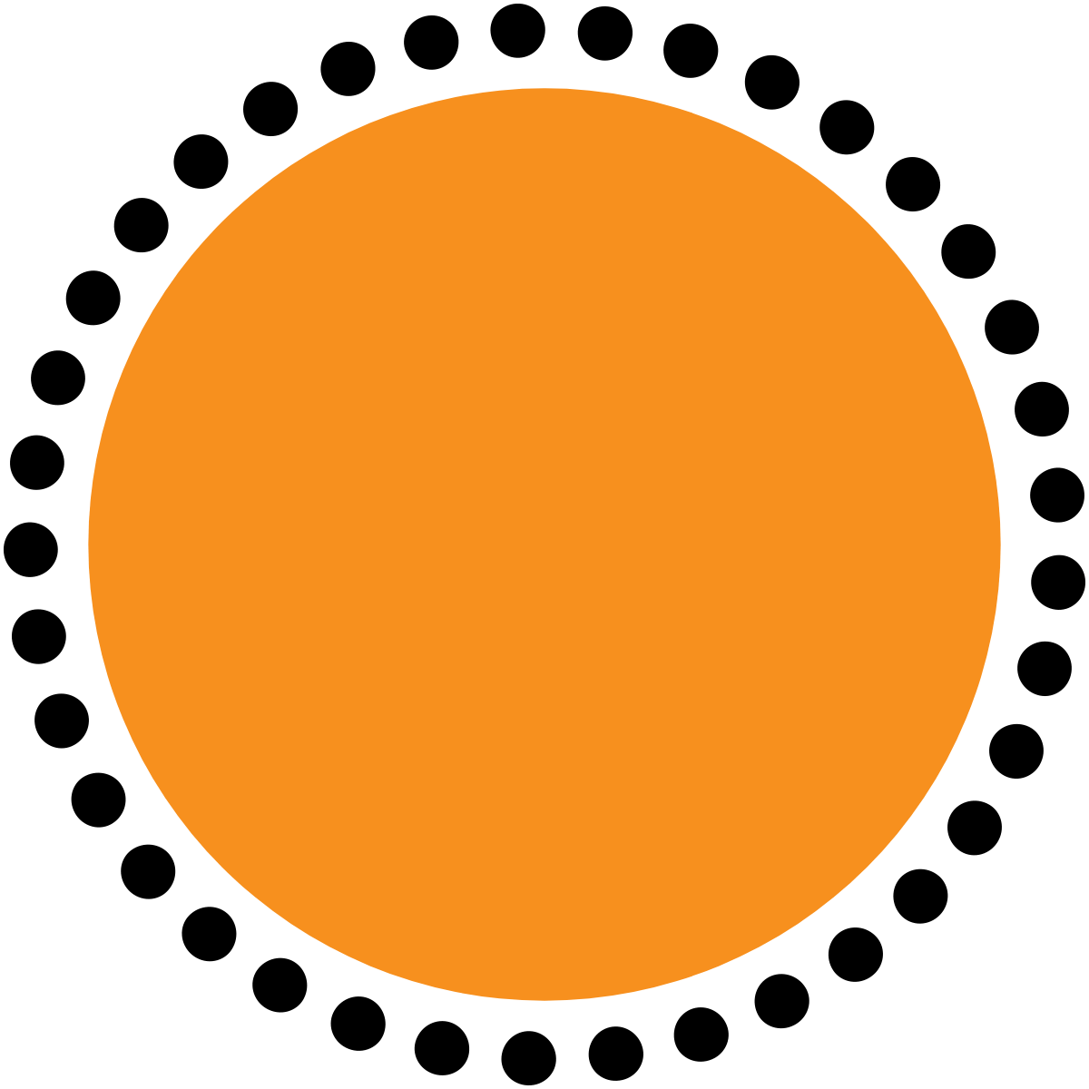 An orange circle with black dots around it on a white background.