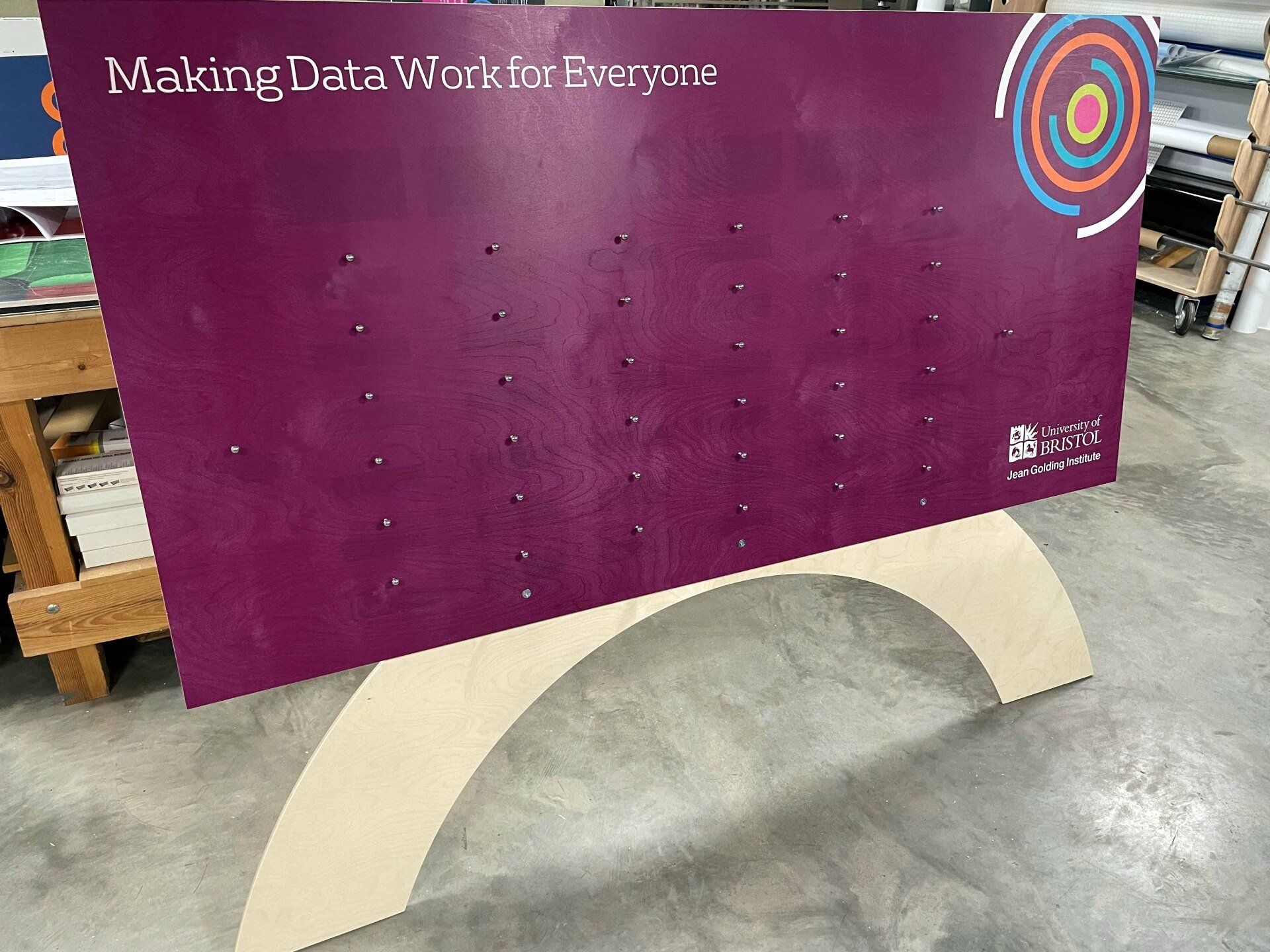 A purple sign that says making data work for everyone