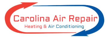 Logo for Carolina Air Repair, a heating and air conditioning company. Red and blue arrows create a circular motion around the company name.
