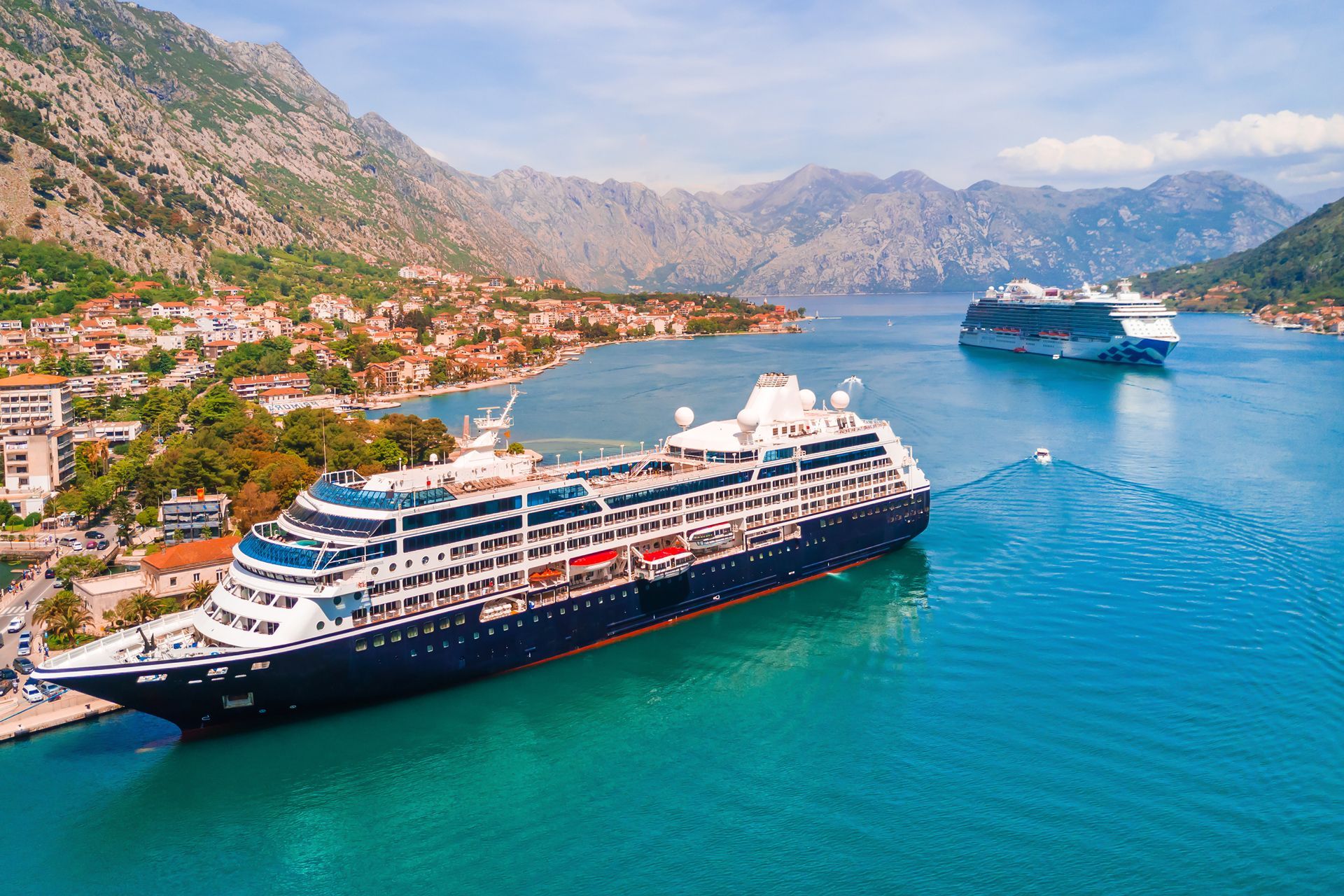 Cruise ships in a harbor near a town with mountains in the background