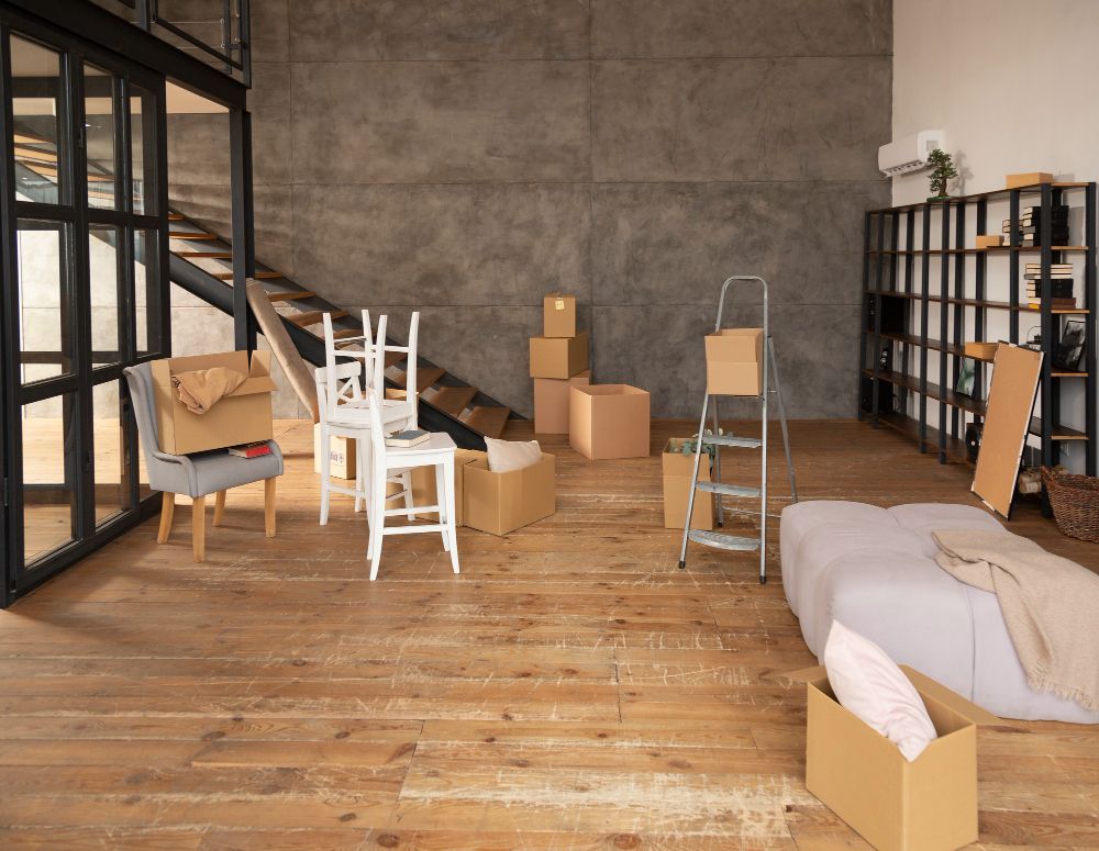 Interior with cardboard boxes, two white chairs, wooden floor, and a metal ladder.