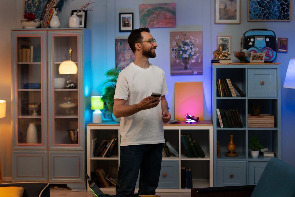 Man holding phone, smiling, in a room with blue and pink ambient lighting, bookshelves, and art.