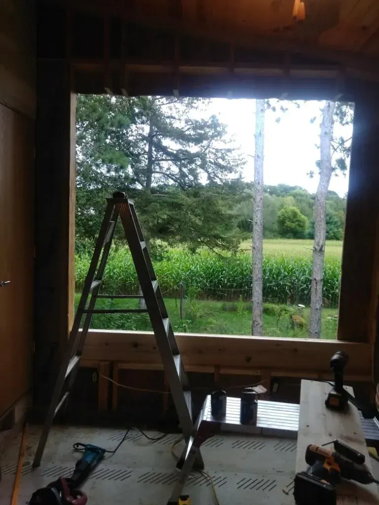A ladder is sitting in front of a window with a view of a field.