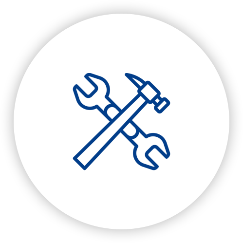 A wrench and hammer are crossed in a circle.