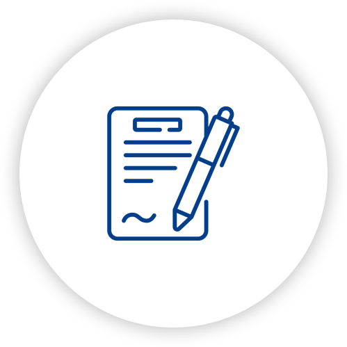 A blue icon of a pen writing on a piece of paper.