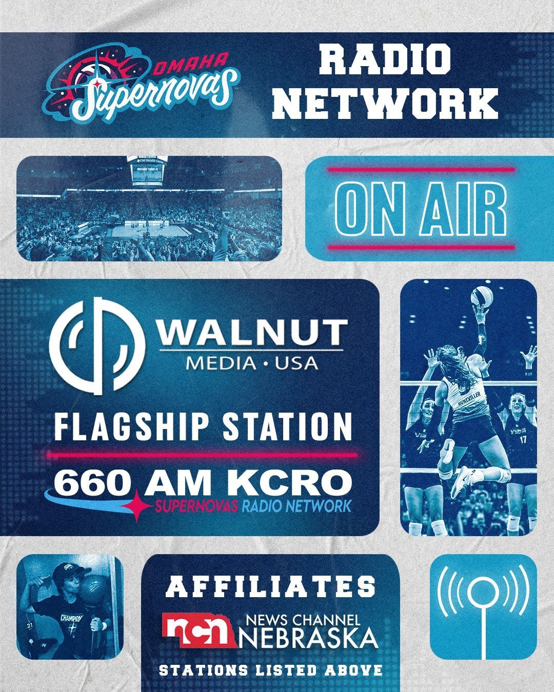 Omaha Supernovas radio network graphic featuring flagship station 660 AM KCRO and News Channel Nebraska affiliates.