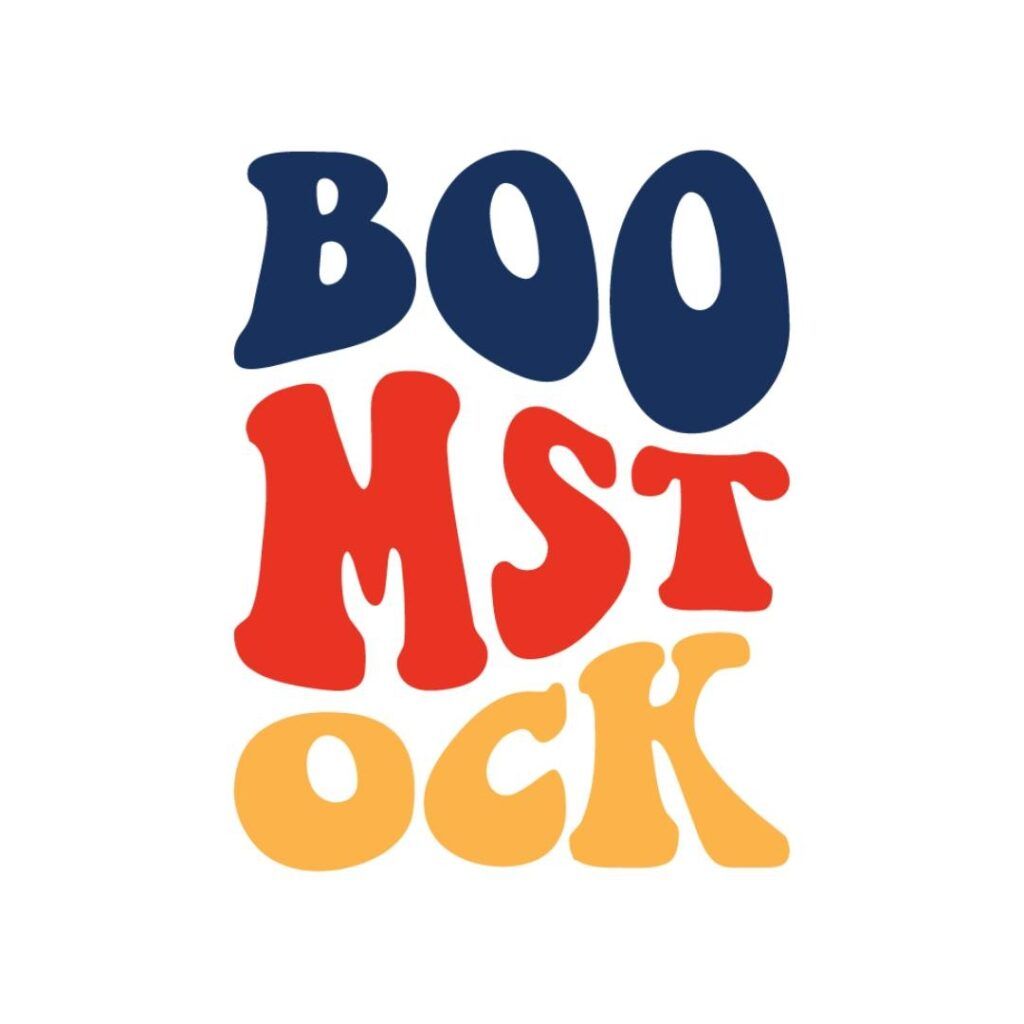 BOOMSTOCK logo in blue, red, and yellow wavy letters.