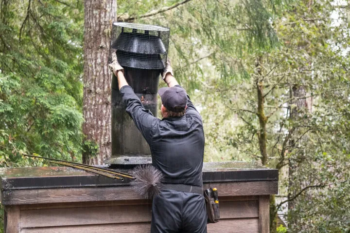 Man installs a chimney cap on a rooftop, set among trees.