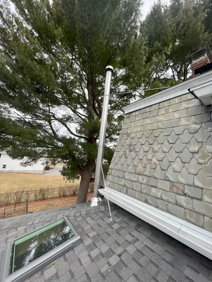 Stainless steel chimney rising from a gray shingled roof, next to a tree.