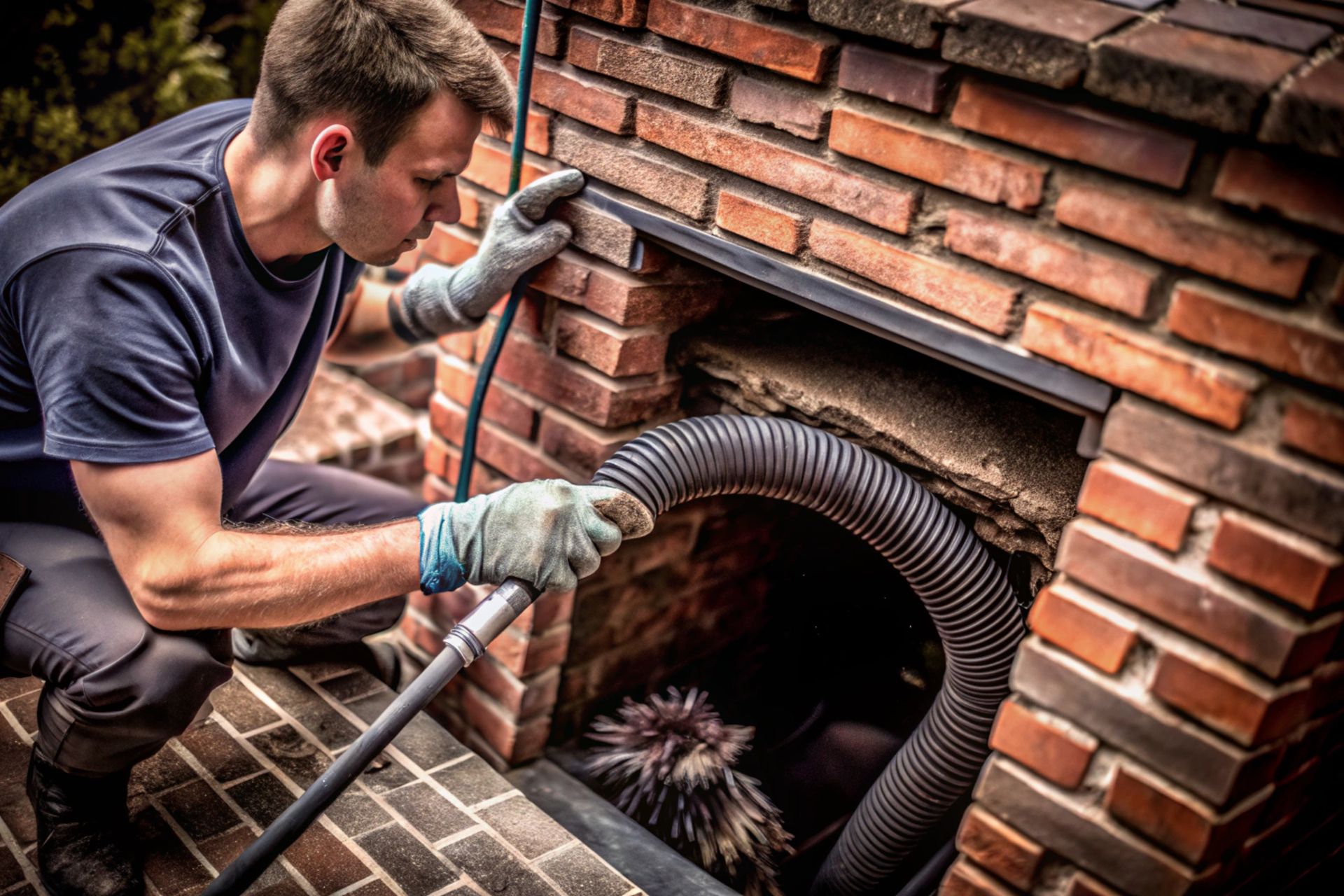 Chimney sweep cleaning a brick chimney with a hose.
