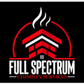 Logo for Full Spectrum Chimney Services featuring a red chimney with white smoke, a red circle, and white text on a black background.