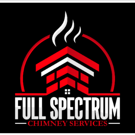 Logo for Full Spectrum Chimney Services featuring a red chimney with white smoke, a red circle, and white text on a black background.