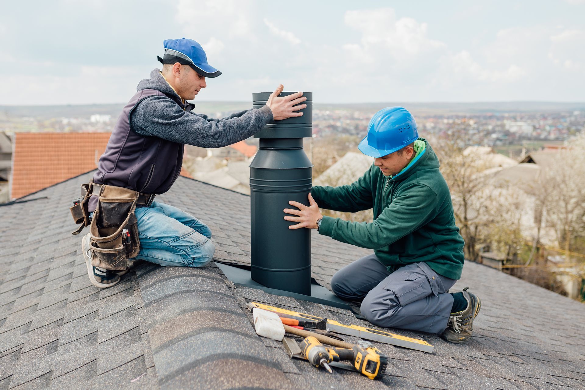Two workers installing a black chimney cap on a rooftop. Tools are visible nearby.