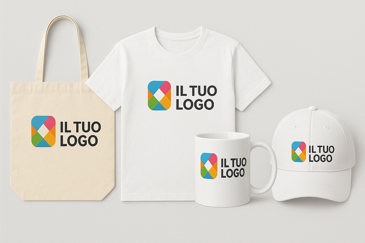 Una maglietta, una tazza, un cappello e una borsa con il logo.