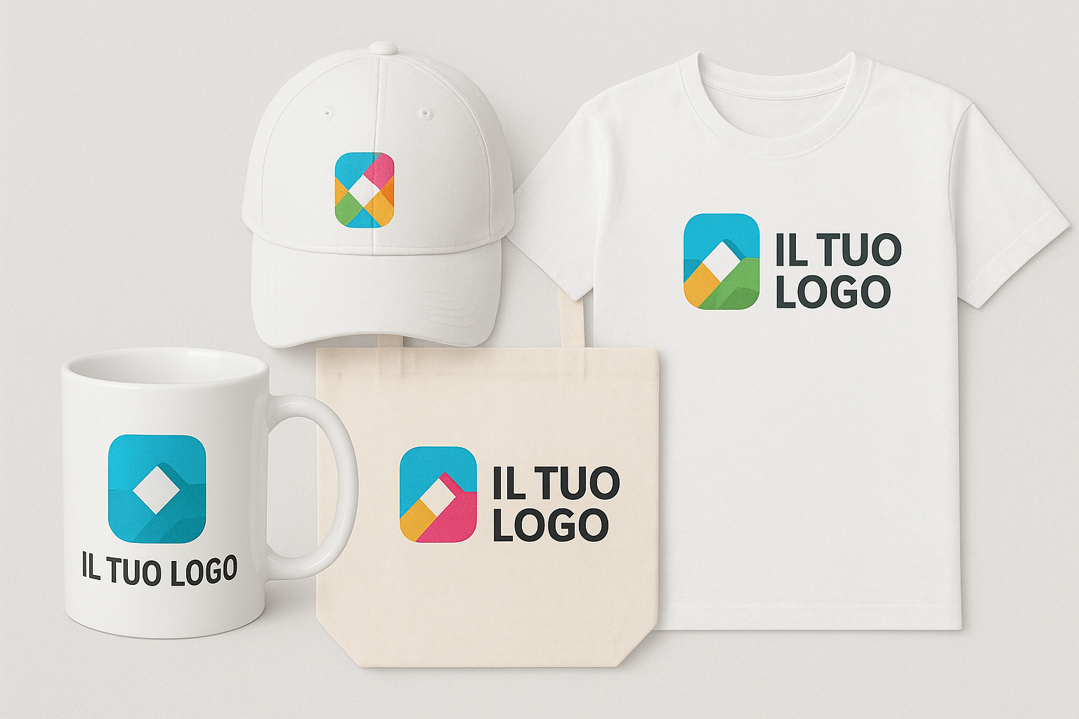 Un berretto da baseball, una maglietta, una tazza e una borsa tote con il logo