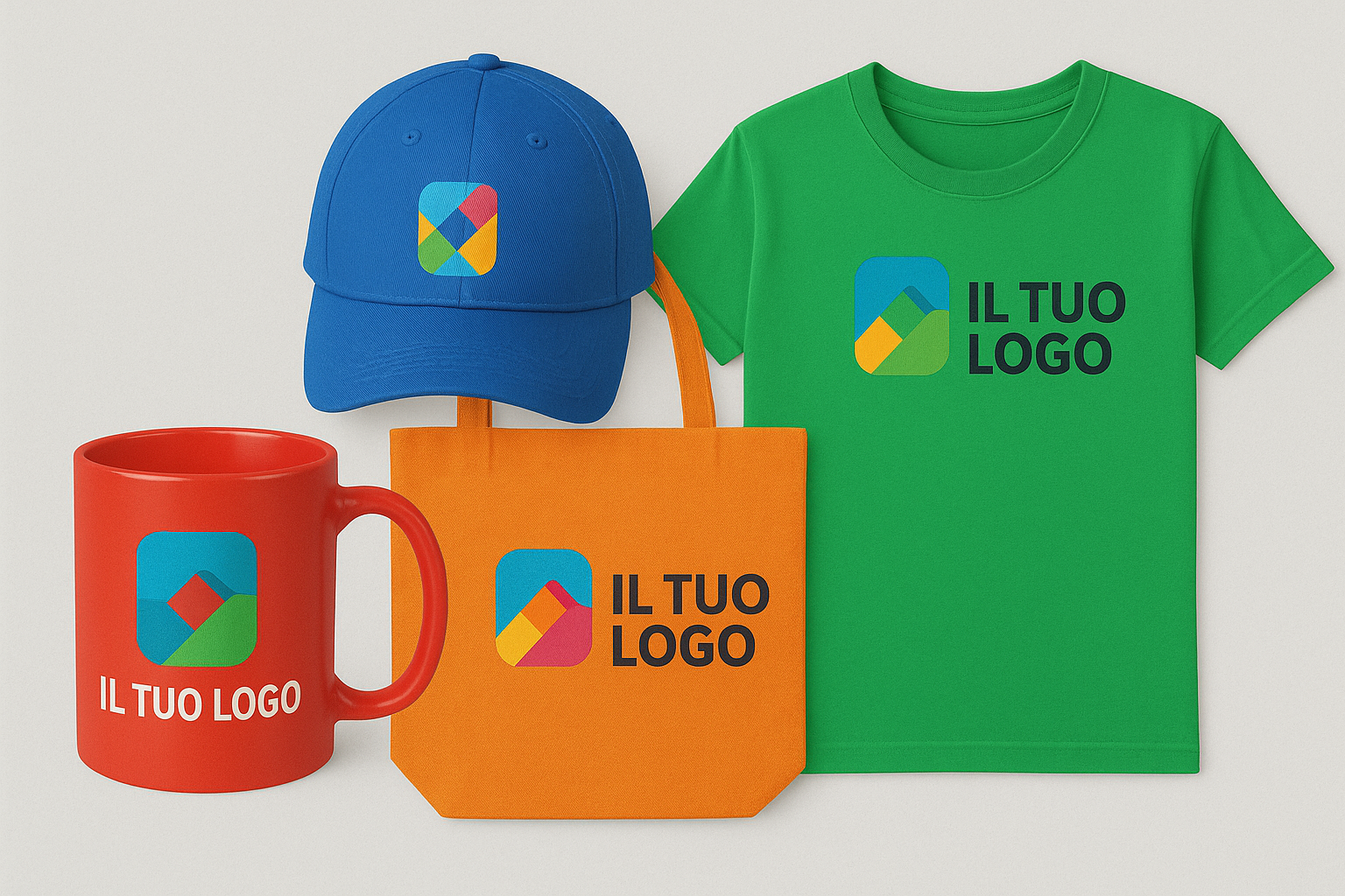 Un cappello, una tazza, una borsa tote e una maglietta con il logo