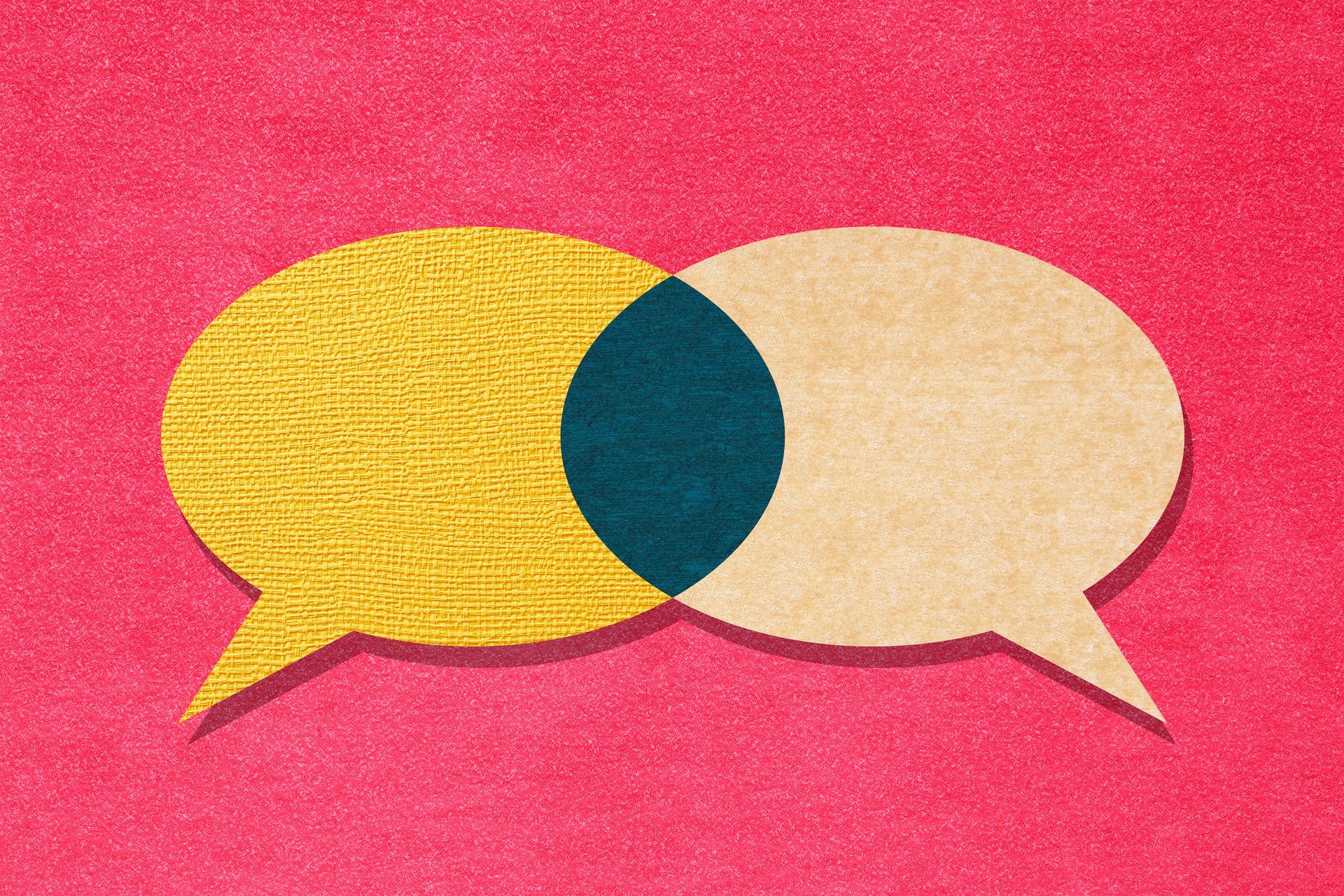 Due fumetti con un cerchio blu al centro su uno sfondo rosa.