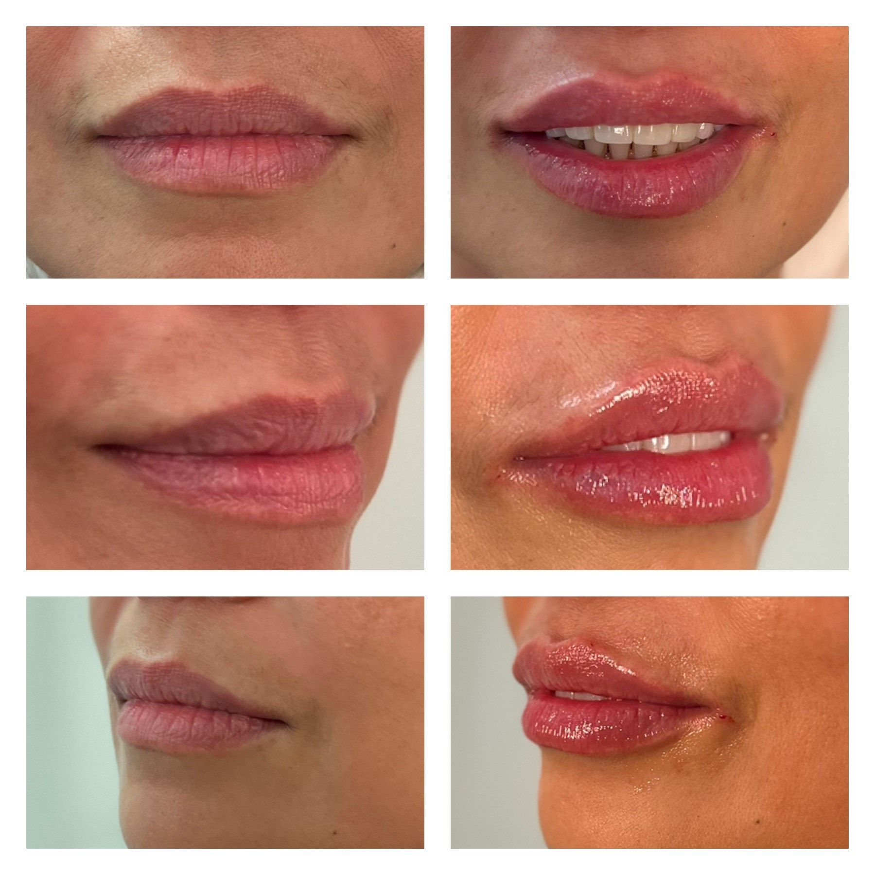 Woman with light brown hair and bangs smiles, rosy cheeks, wearing lipstick, blurred background.