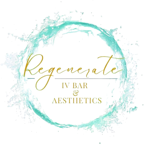 Logo for Regenerate IV Bar & Aesthetics. Gold script over water splash circle.