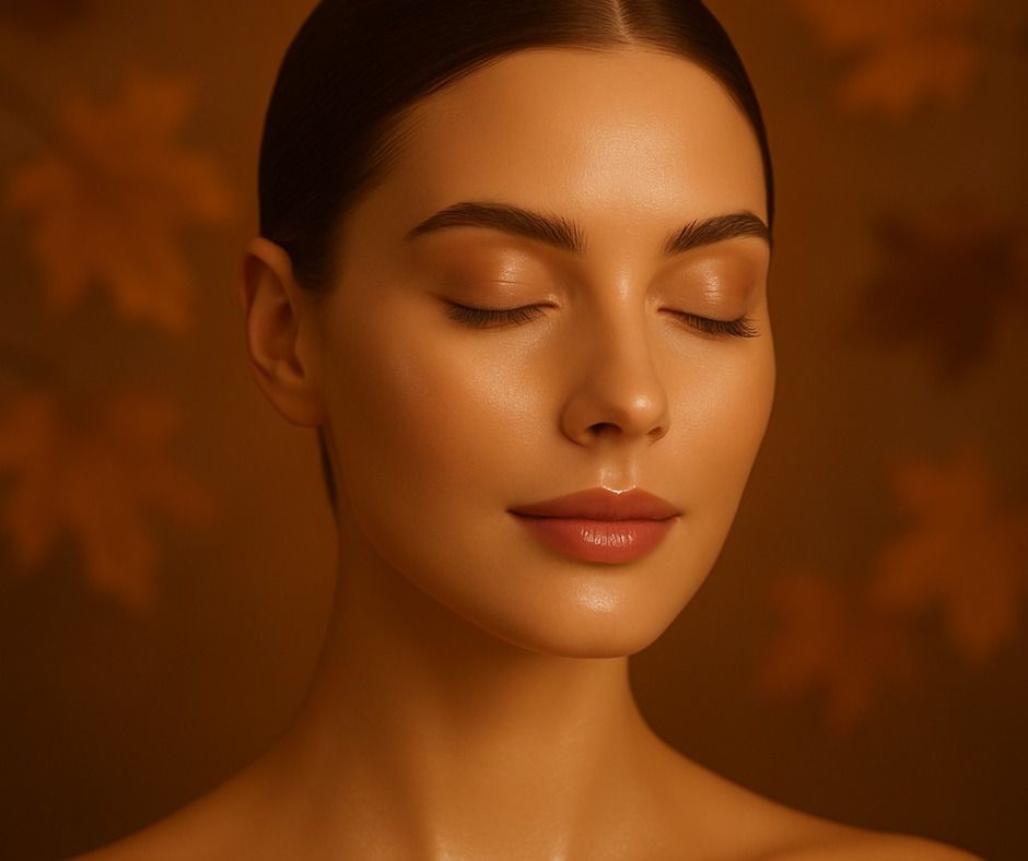 Woman with closed eyes, glowing skin, soft makeup. Brown background with autumn leaves.