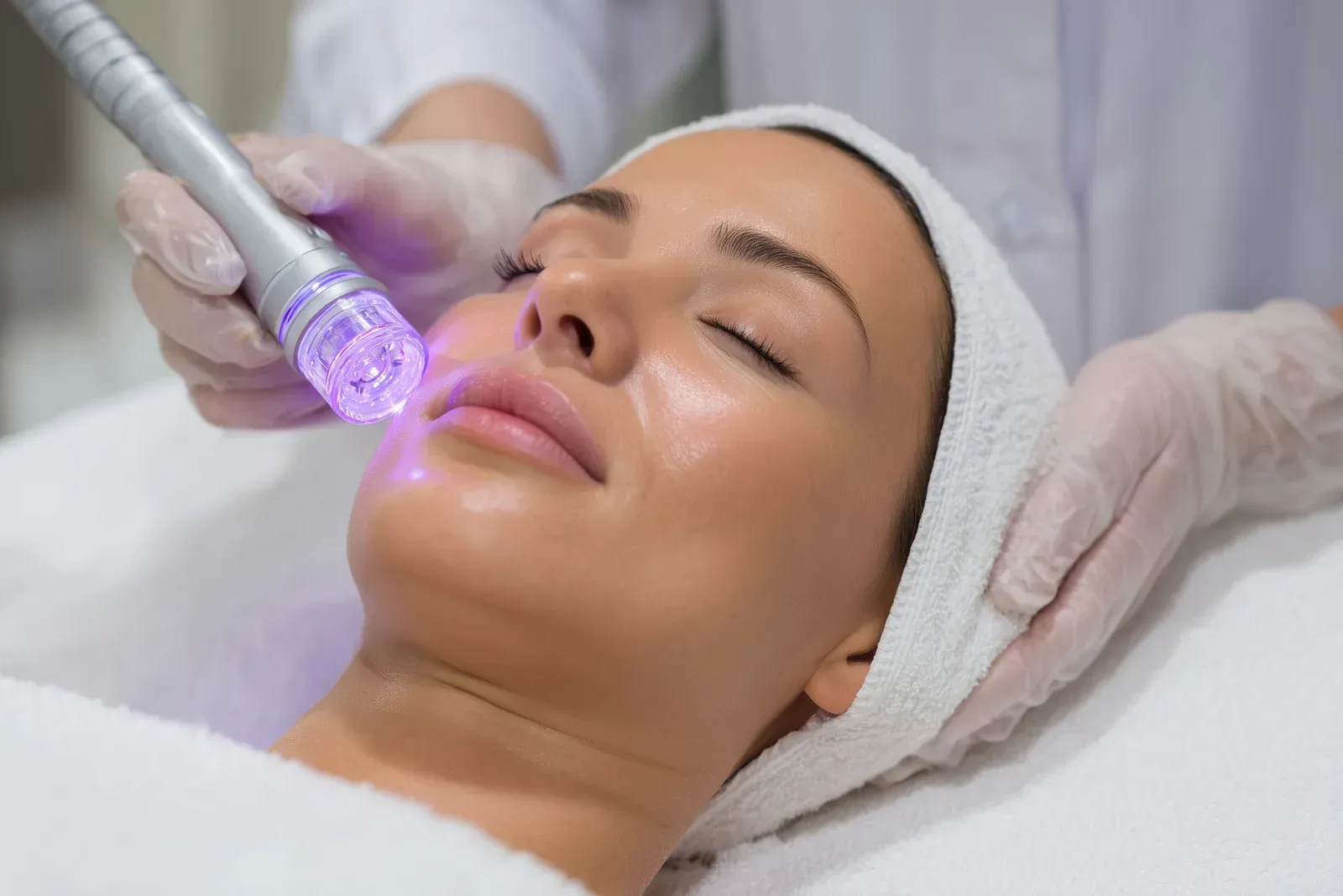 Woman receiving facial treatment with a handheld device emitting blue light.