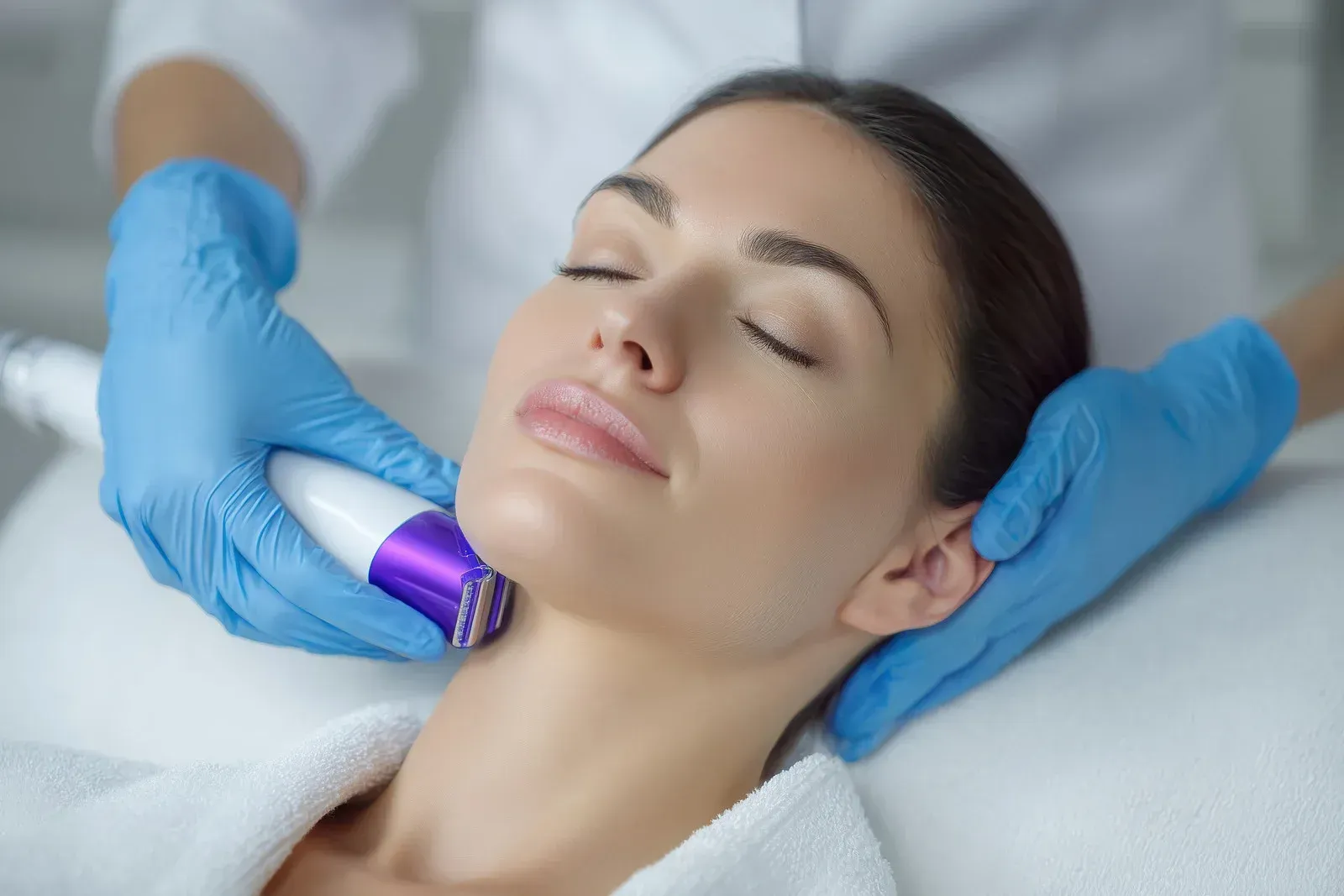 Woman receiving facial treatment; blue-gloved hands holding device to her neck; indoors, white coat, eyes closed.