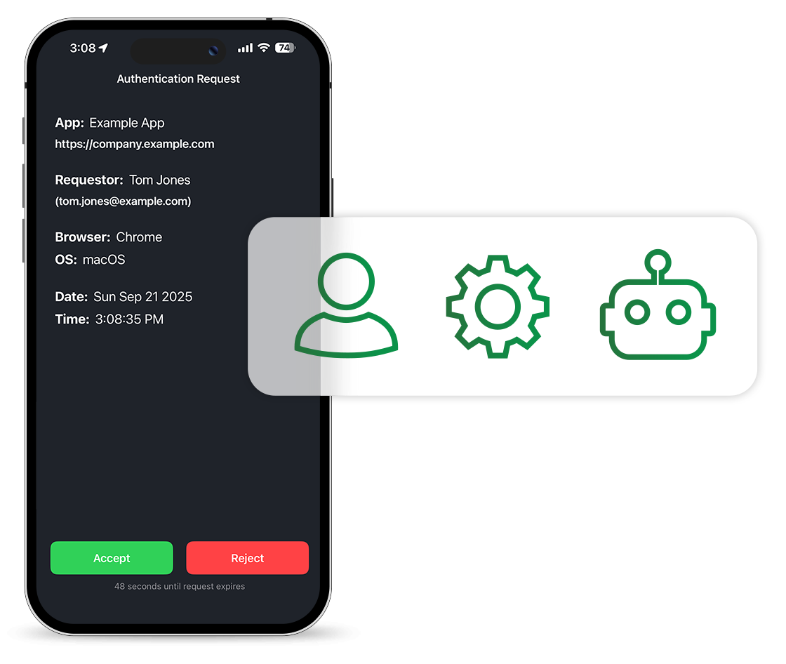 Smartphone app with user, settings, and bot icons, green and red buttons, dark theme.